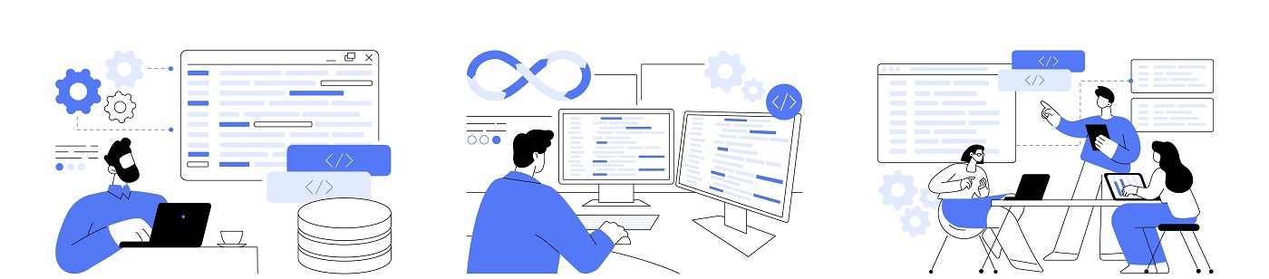 שלושה מומחי פיתוח תוכנה יושבים ועובדים - תמונה להמחשה - אולסי מערכות