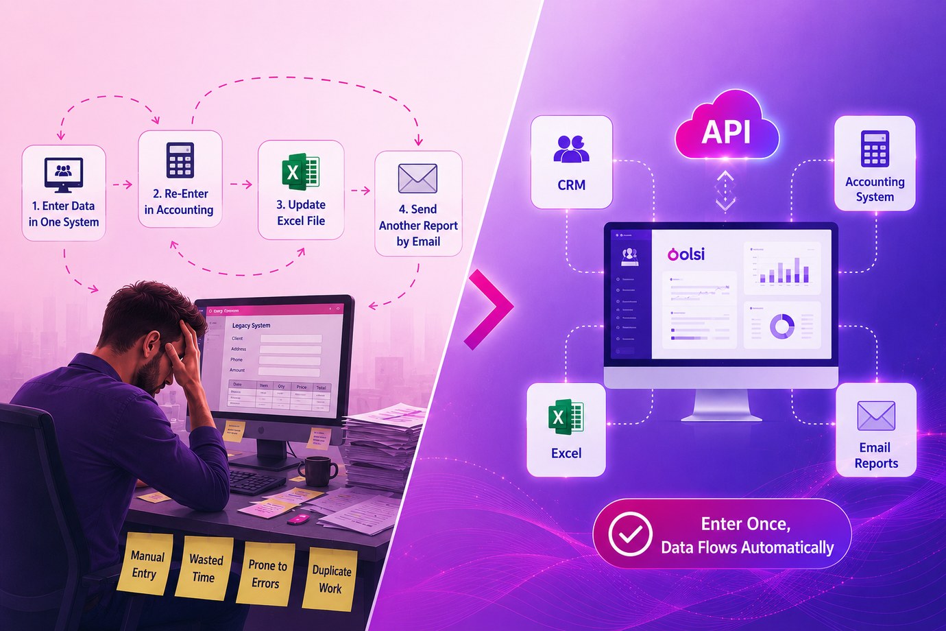 Duplicate data entry compared with a single OLSI Systems web platform - enter data once and let it flow automatically to CRM, accounting and reports through APIs