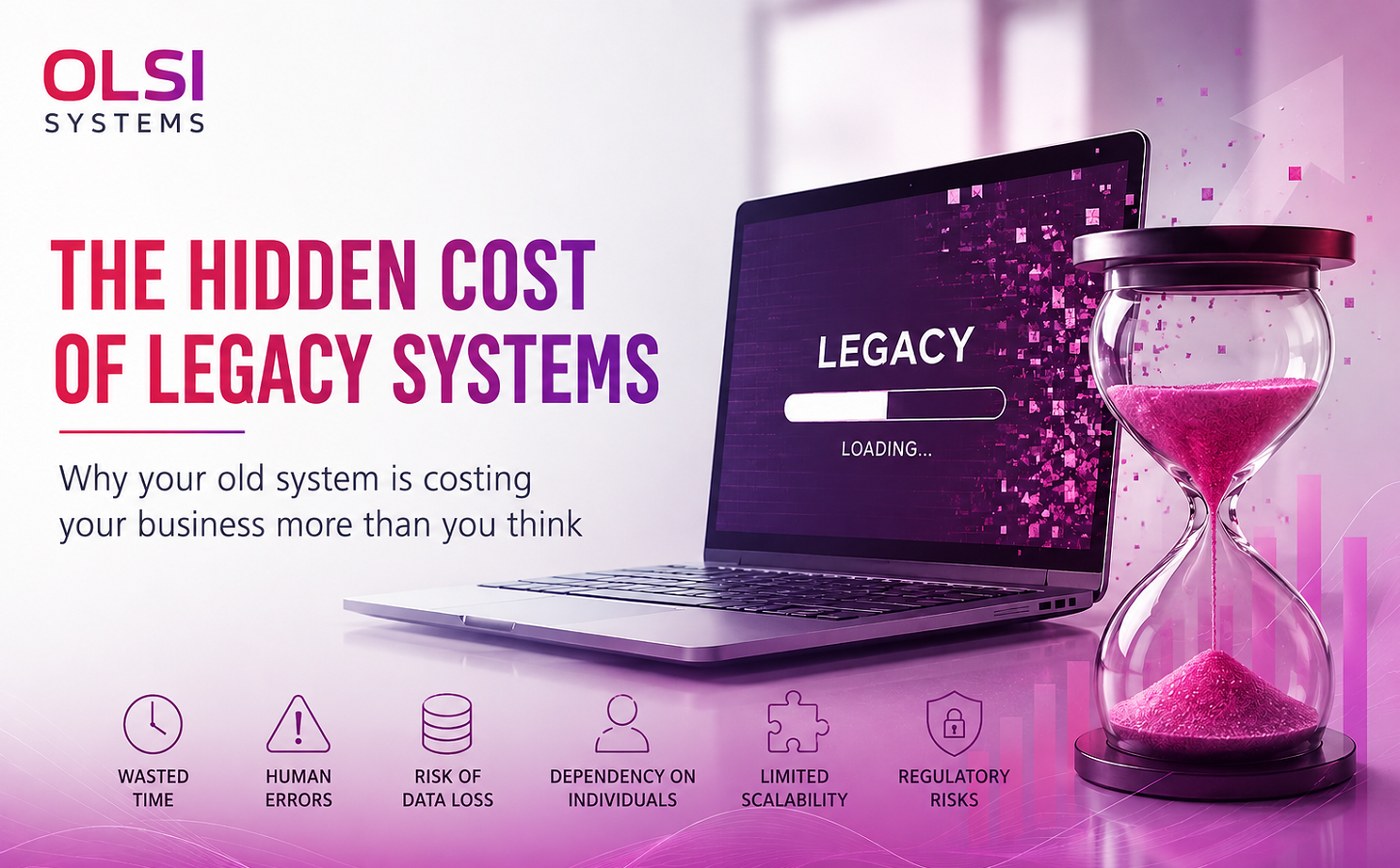 The true cost of a legacy system - a laptop running a legacy system beside an hourglass, alongside the hidden costs: wasted time, human errors, risk of data loss, dependency on individuals, limited scalability and regulatory risks | OLSI Systems