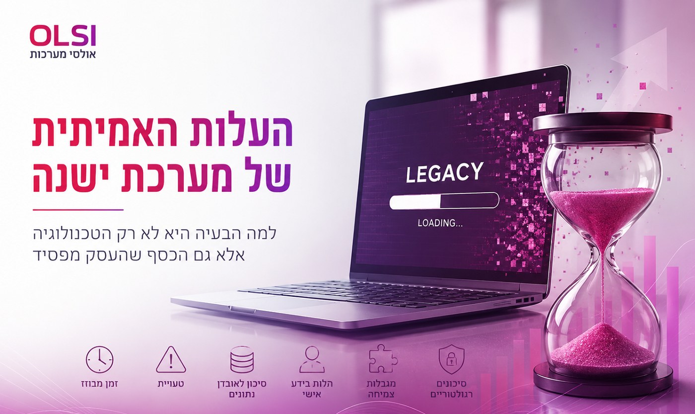 העלות האמיתית של מערכת ישנה - מחשב נייד עם מערכת Legacy ושעון חול, לצד העלויות הנסתרות: זמן מבוזבז, טעויות, סיכון לאובדן נתונים, תלות בידע אישי, מגבלות צמיחה וסיכונים רגולטוריים | אולסי מערכות