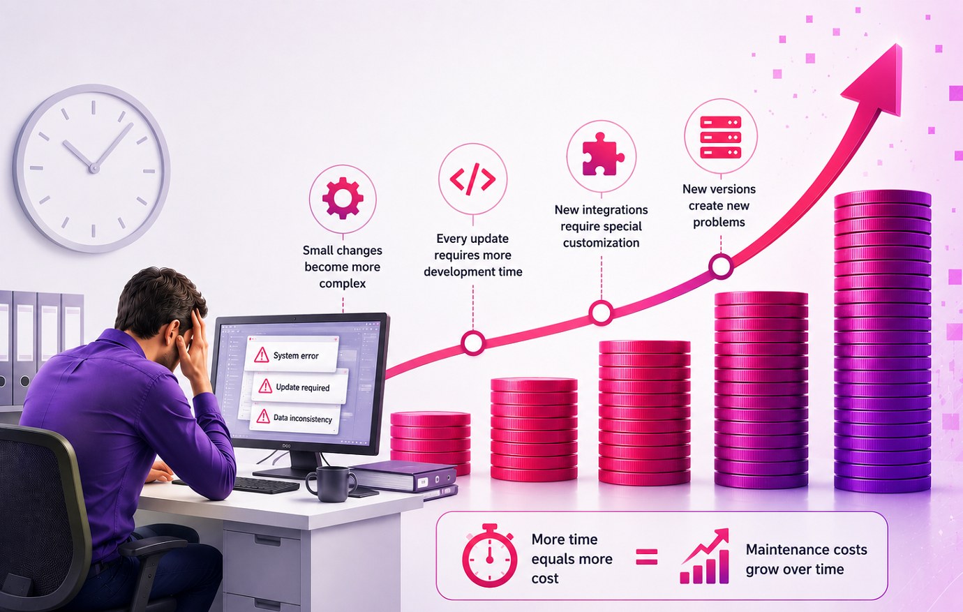 Technical debt is like a loan with interest - the maintenance cost of a legacy system grows over time: small changes become more complex, every update requires more development time, and every new integration requires special customization | OLSI Systems