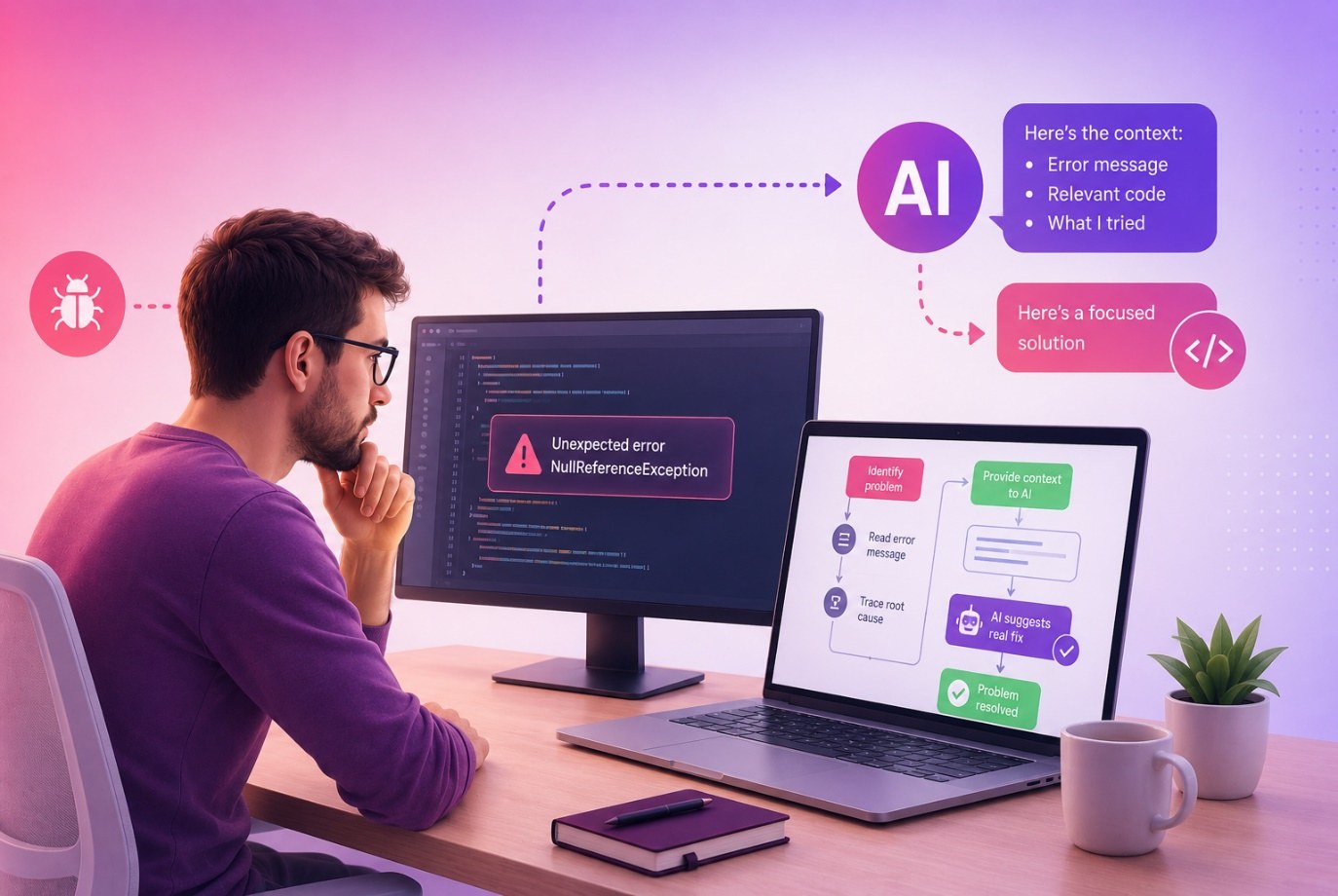 מתכנת מנוסה מנפה תקלה ומספק ל-AI הקשר ממוקד במקום לבקש "תתקן"