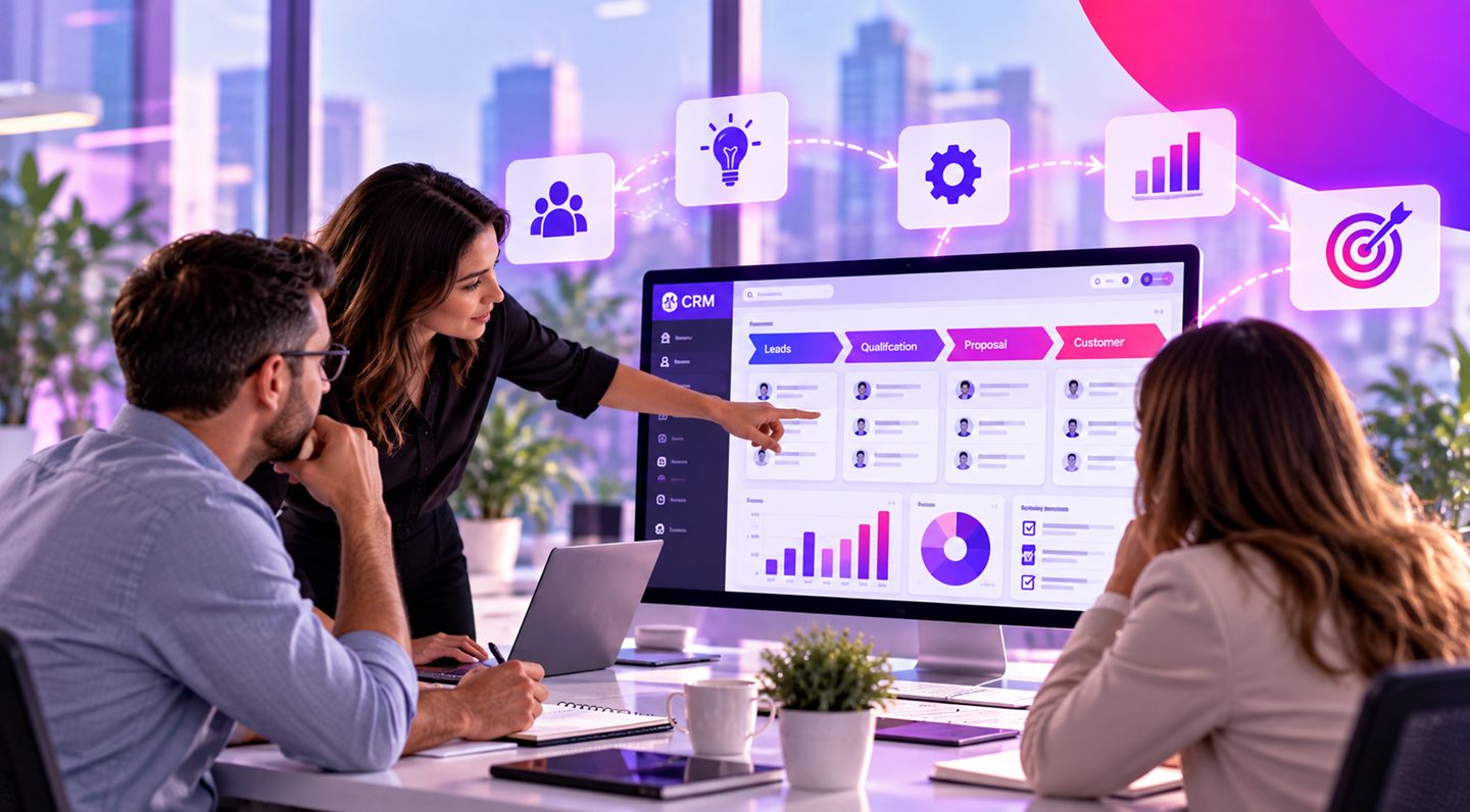 A business team reviewing a custom CRM system with sales stages, reports and tasks
