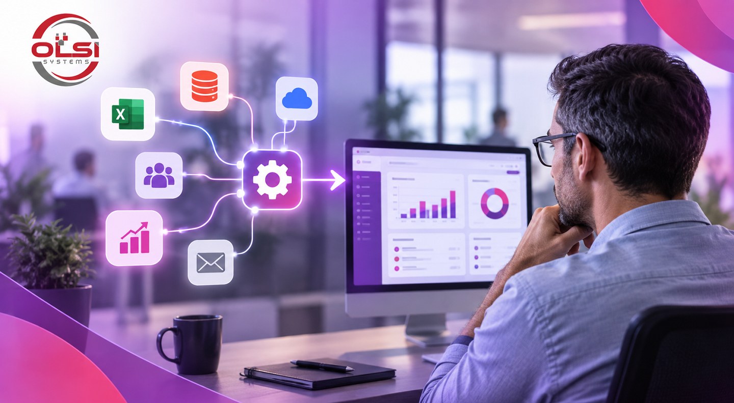 איש עסקים מול דשבורד שמרכז נתונים מ-Excel, CRM, ענן ומערכות נוספות לתמונה אחת