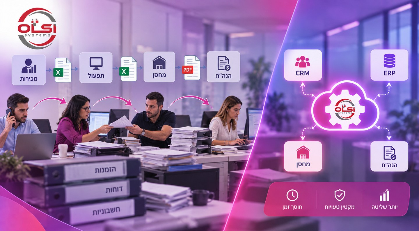 עובדים שמעבירים ידנית נתונים בין מכירות, תפעול, מחסן והנהלת חשבונות, מול מערכות מחוברות שמסנכרנות את המידע