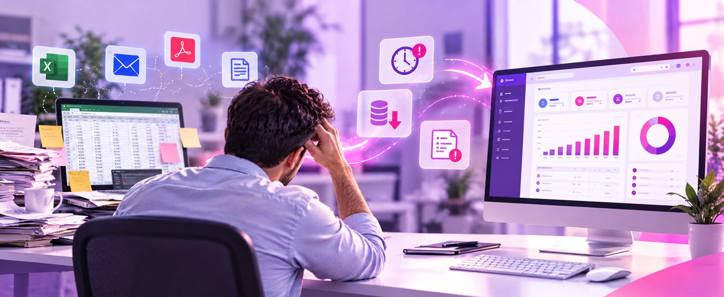 עובד מתוסכל מול מסך מחשב עם אייקונים של Excel, מייל ודוחות בצבעי אולסי