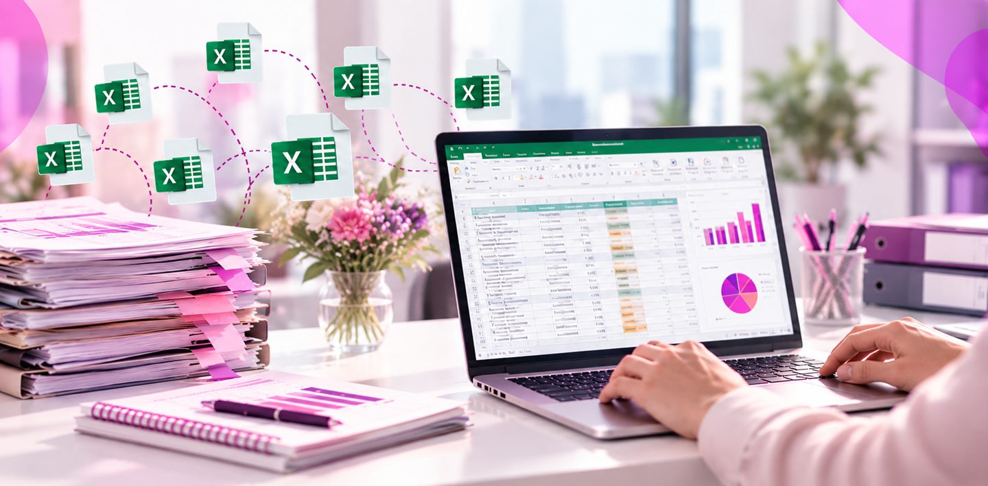עבודה עם ריבוי קובצי Excel לצד מחשב נייד וערימות ניירת במשרד, בצבעי אולסי